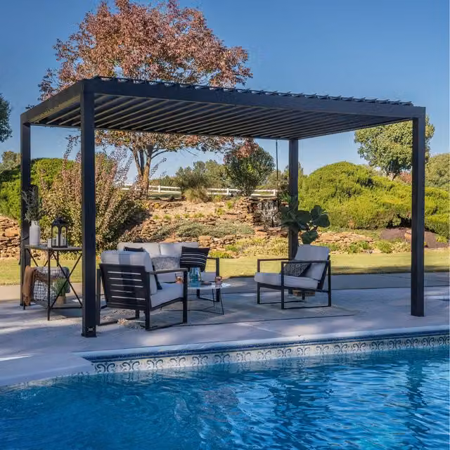 Backyard Discovery Sarasota Louvered Steel Outdoor Patio Pergola with Powerport, Black, W/D: 298.15 x 252.73 cm