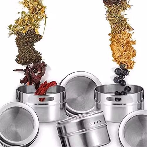 JINGYAN Stainless Steel Magnetic Spice Shaker Set with Sealed Lid and Stickers in Silver – 4