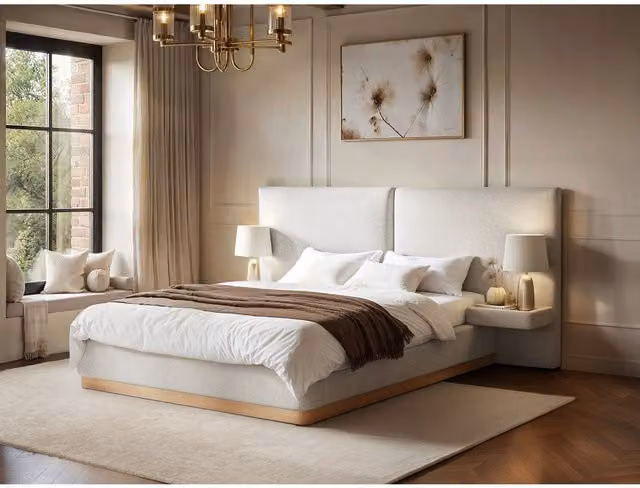 Solace+Co Vera Hotel Bed with Bedside Tables in Beige and White, W/D/H: 140 x 200 cm – 1