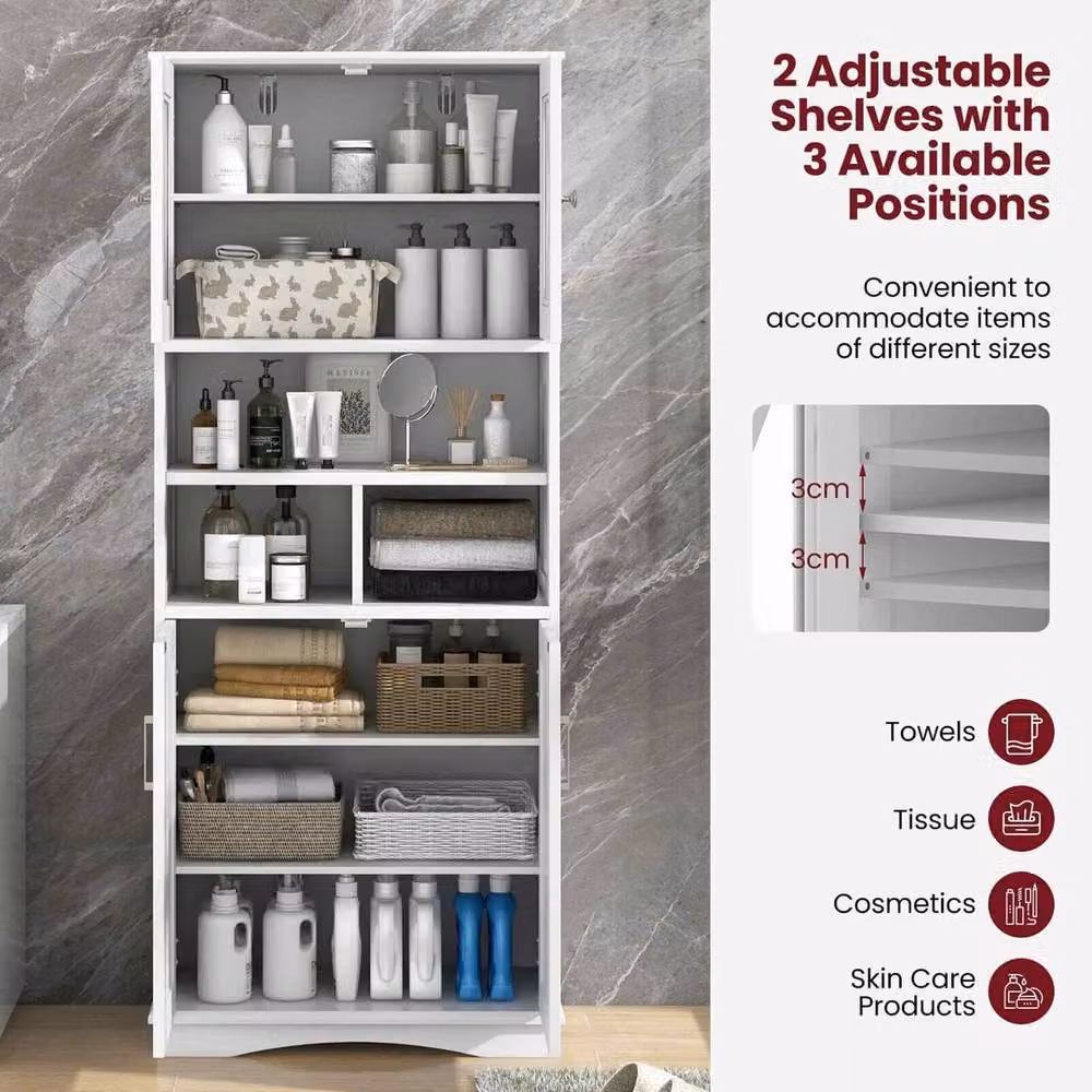 FORGEVIO Tall White Bathroom Floor Storage Cabinet with Glass Doors and Internal Shelves – 2