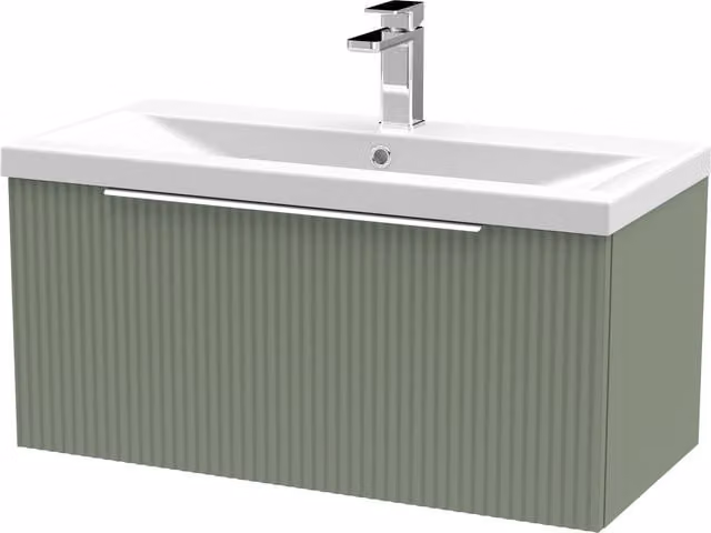 Balterley Fluted Wall Hung 1 Drawer Vanity Basin Unit and Basin, Satin Green, Width: 80 cm – 1