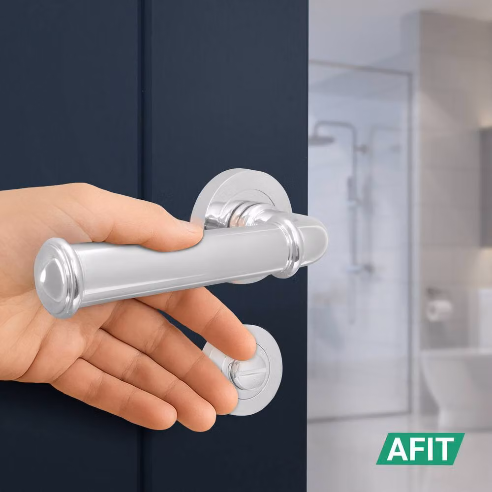 AFIT Polished Chrome Bathroom Door Handle Set with Lock and Hinges in Silver – 4