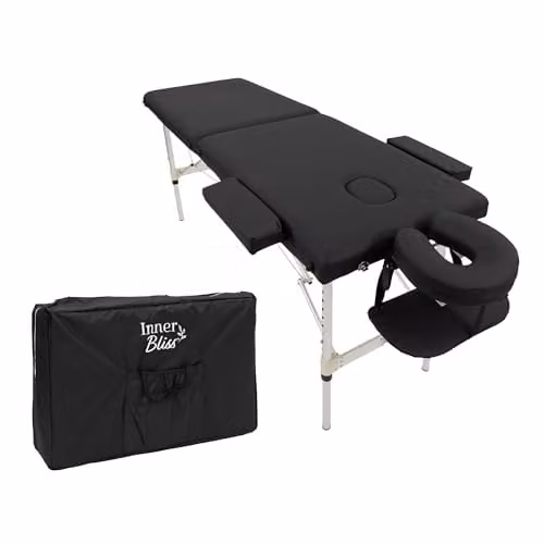 Inner Bliss Portable 2-Section Folding Massage Table with Aluminium Frame and Face Cradle, Black, Width: 60 cm – 1