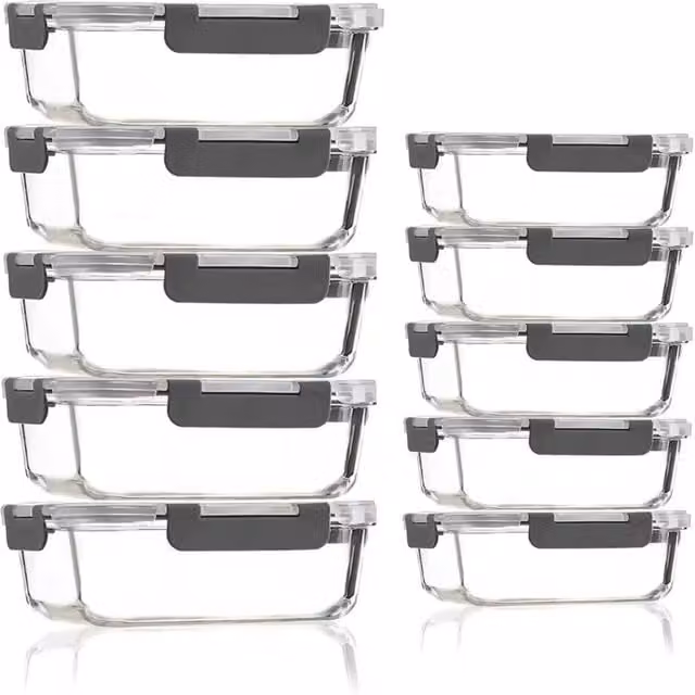 Dyzi 10 Pack Glass Food Storage Containers with Airtight Leakproof Locking Lids, 7.05L Set, Grey – 1
