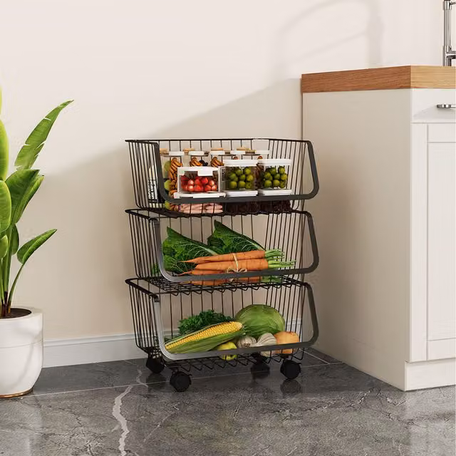 Komore Movable Multi-Tier Metal Fruit and Vegetable Basket, Black, Width: 60 cm