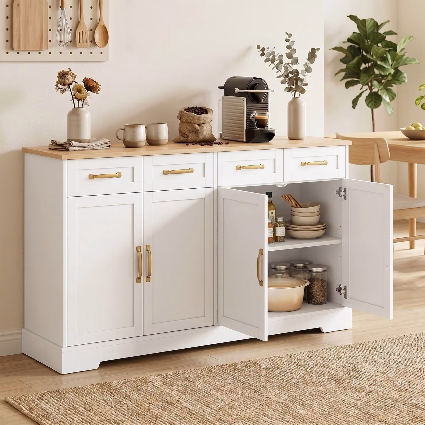 HOMCOM White Sideboard Buffet Cabinet with 4 Drawers, 4 Doors and 2 Adjustable Shelves, W: 140 cm, D: 38 cm, H: 80 cm – 2