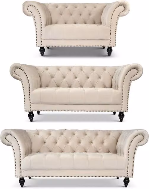 Bravich LTD Chesterfield 1 Seater Velvet Sofa in Beige with Buttoned Back and Rolled Arms