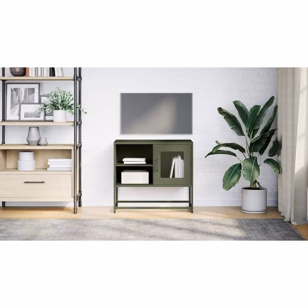 Berkfield Home Industrial Metal TV Cabinet in Matt Olive Green, W: 68 cm, D: 39 cm, H: 60.5 cm – 2