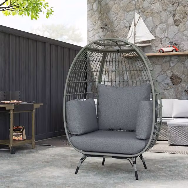 Outsunny Modern Grey Rattan Outdoor Egg Chair with Thick Padded Cushions