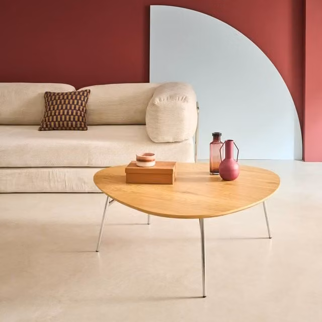 sweeek Triangular Coffee Table with Brown Wood Effect Top and Chrome Legs – 1