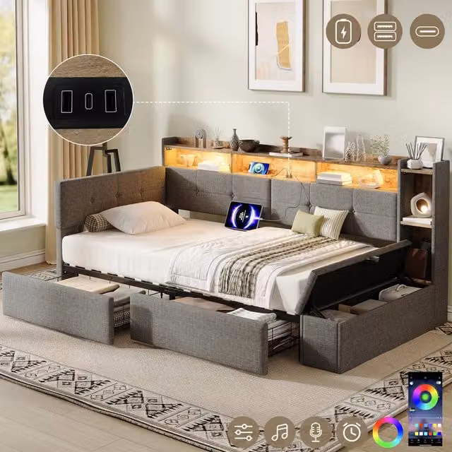 Rolipo Grey Linen Double Daybed with LED Lighting, USB Charging Port, Storage Drawers and Ottoman – 1
