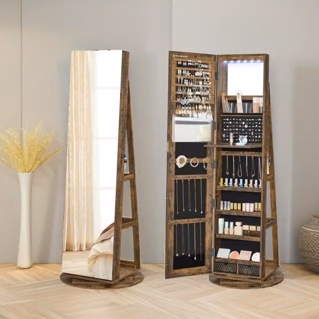 FURNOS Free Standing Jewellery Cabinet with Mirror and LED Lighting in Brown – 1