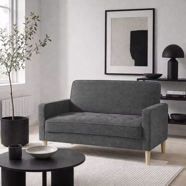 Wyld Haus Pafa 2 Seater Sofa in Dark Grey Velvet with Natural Wood Legs W/D/H: 130 x 82 x 74.5 cm