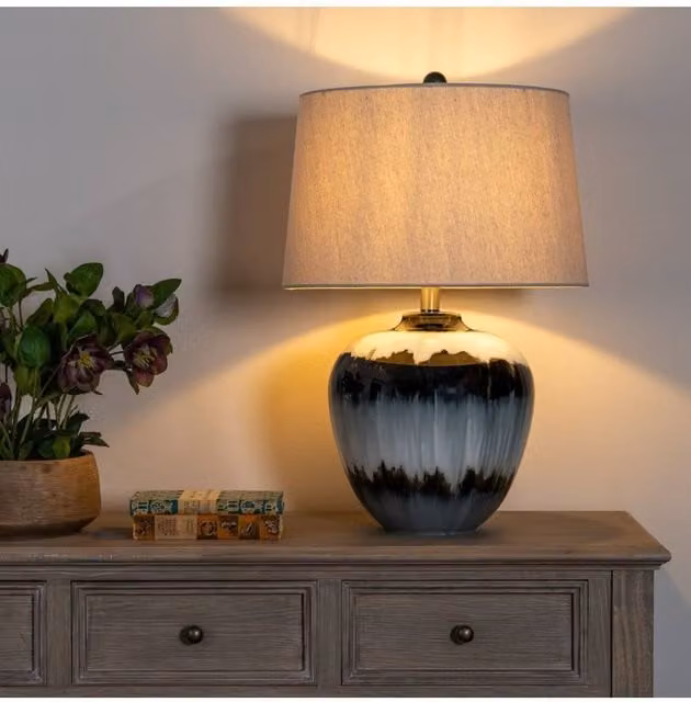 KDMD Midnight Shadows Squat Table Lamp with Black Ceramic Base and Beige Linen Fabric Shade – 1