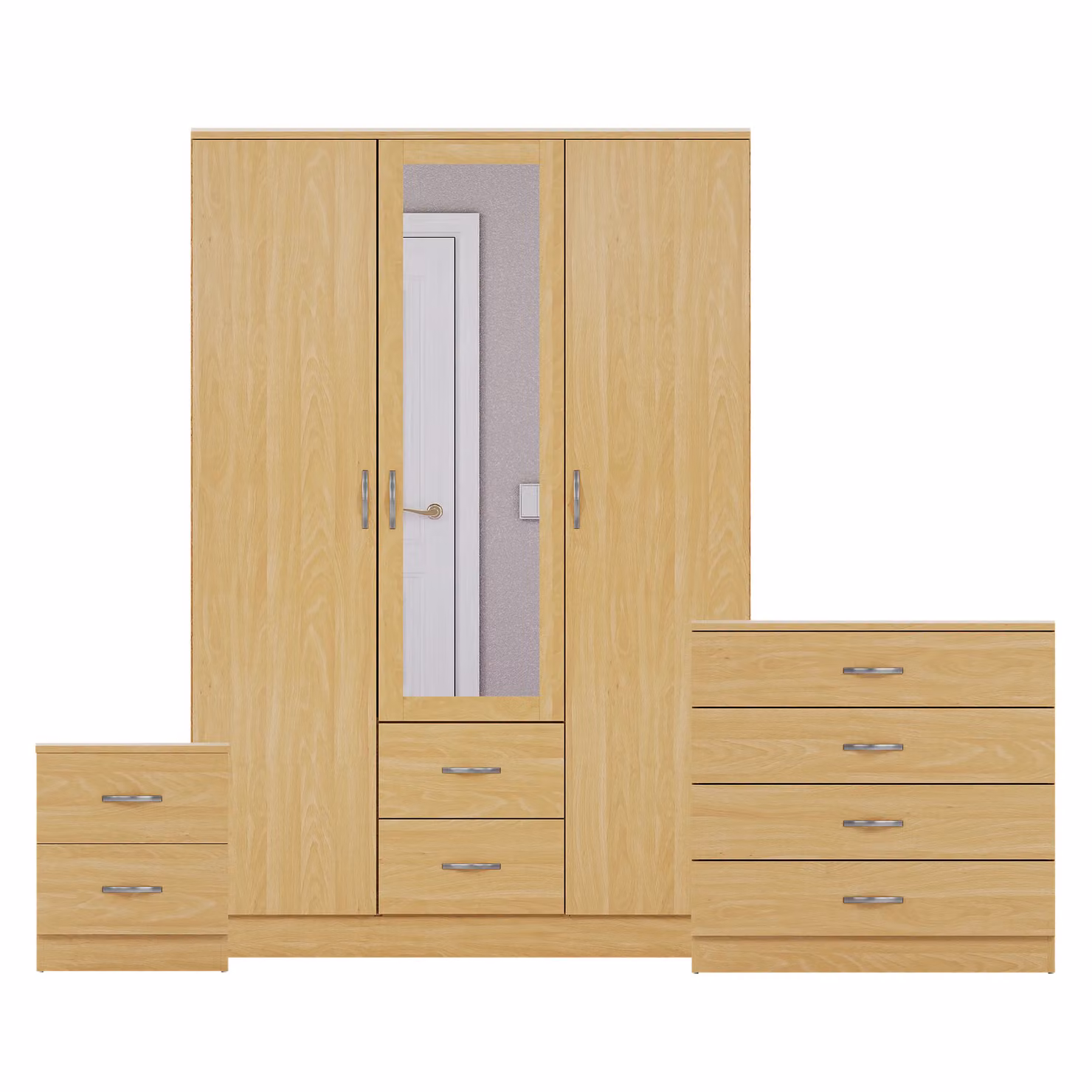 Vida Designs 3 Piece Modern Bedroom Set in Brown including 2 Bedside Tables, 4 Drawer Chest and Mirror Wardrobe – 2