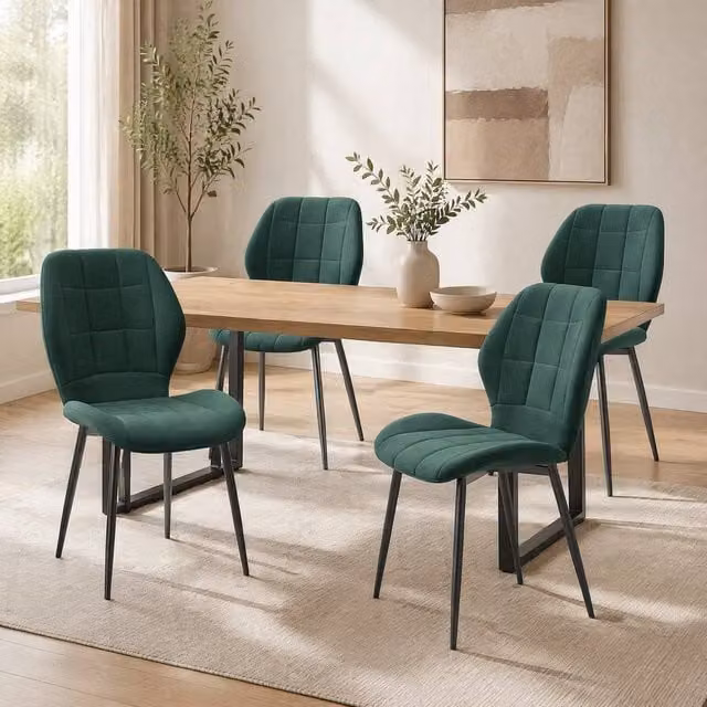 STILVORA Set of 4 Modern Dining Chairs in Green Velvet with Metal Frame