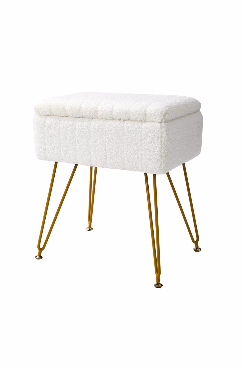 ExtraStar Modern White Velvet and Bouclé Storage Ottoman Vanity Stool with Gold Metal Accents – 2