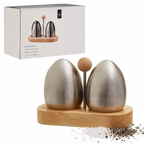 Orsina Stainless Steel and Rubberwood Salt and Pepper Shaker Set with Stand, Silver, H 13 x W 9 x D 7 cm – 1