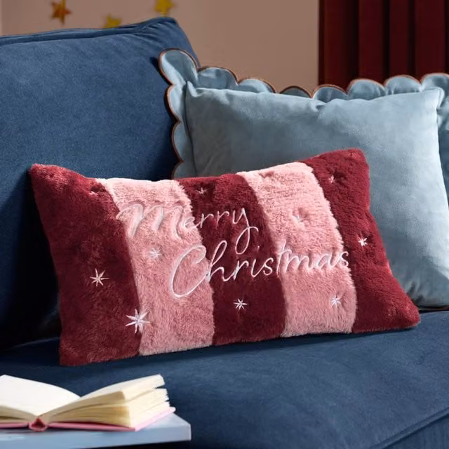 Furn Merry Christmas Striped Faux Fur Rectangular Cushion in Red and Pink, W/D/H: 50 x 30 x 1 cm – 1