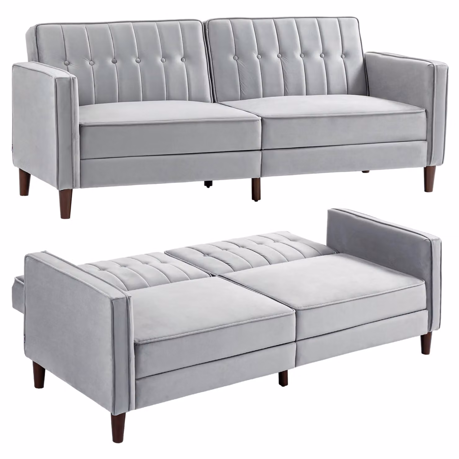 HOMCOM Convertible Velvet-Touch Tufted Sofa Bed in Light Grey with Metal Frame and Click-Clack Sleeping Function – 2