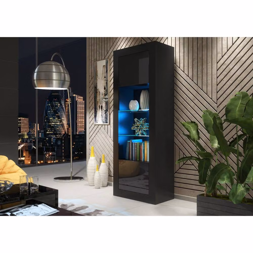 Mex Furniture LTD Illume Display Cabinet in Black with Glossy Glass Doors and Integrated LED Lighting, H 170 x W 63 x D 35 cm – 2
