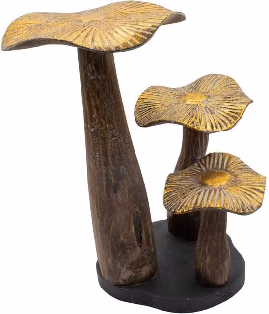 Serenityy Large Abstract Wooden Mushroom Sculpture in Brown and Gold, Height: 30 cm