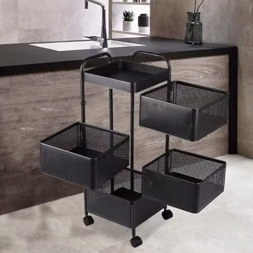 Hygrad Built to Survive 4 Tier Rolling Metal Mesh Storage Basket Organizer in Black