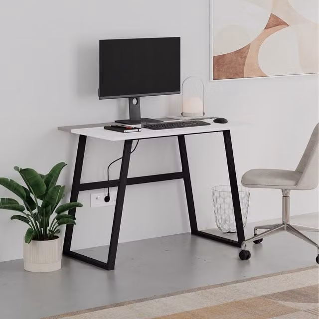 Decortie Kemre Compact Rectangular Writing Desk with Black Metal Legs in White or Black – 1