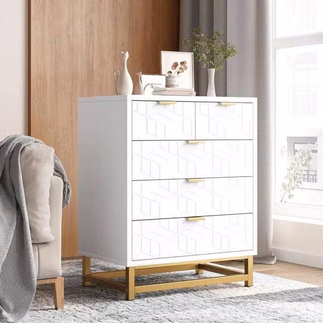 VOGREX Scandinavian Style White and Gold Geometric Chest of Drawers with Metal Accents – 1