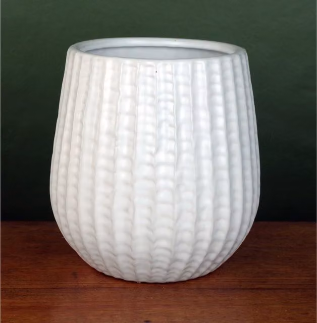 White Ceramic Leaf Pattern Round Tabletop Planter