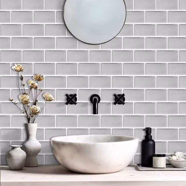 Livingandhome 10-Piece Grey Glossy 3D Effect Peel and Stick Kitchen Backsplash Tiles