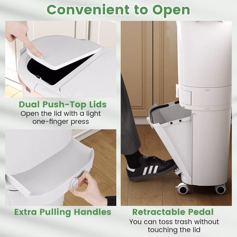Costway 42L Kitchen Trash Can with Lid and 3-Layer Sorting System in White – 3