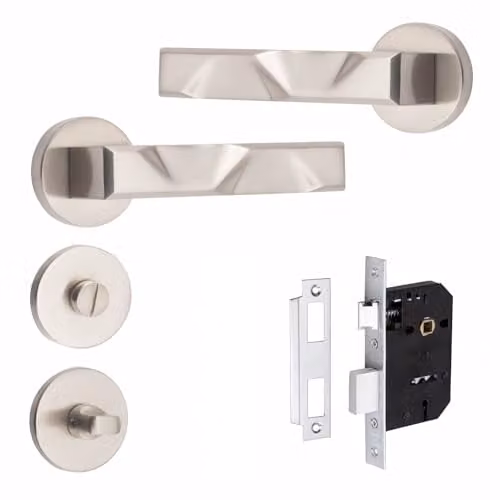Golden Grace Nova Bathroom Door Handles on Round Rose in Brushed Silver