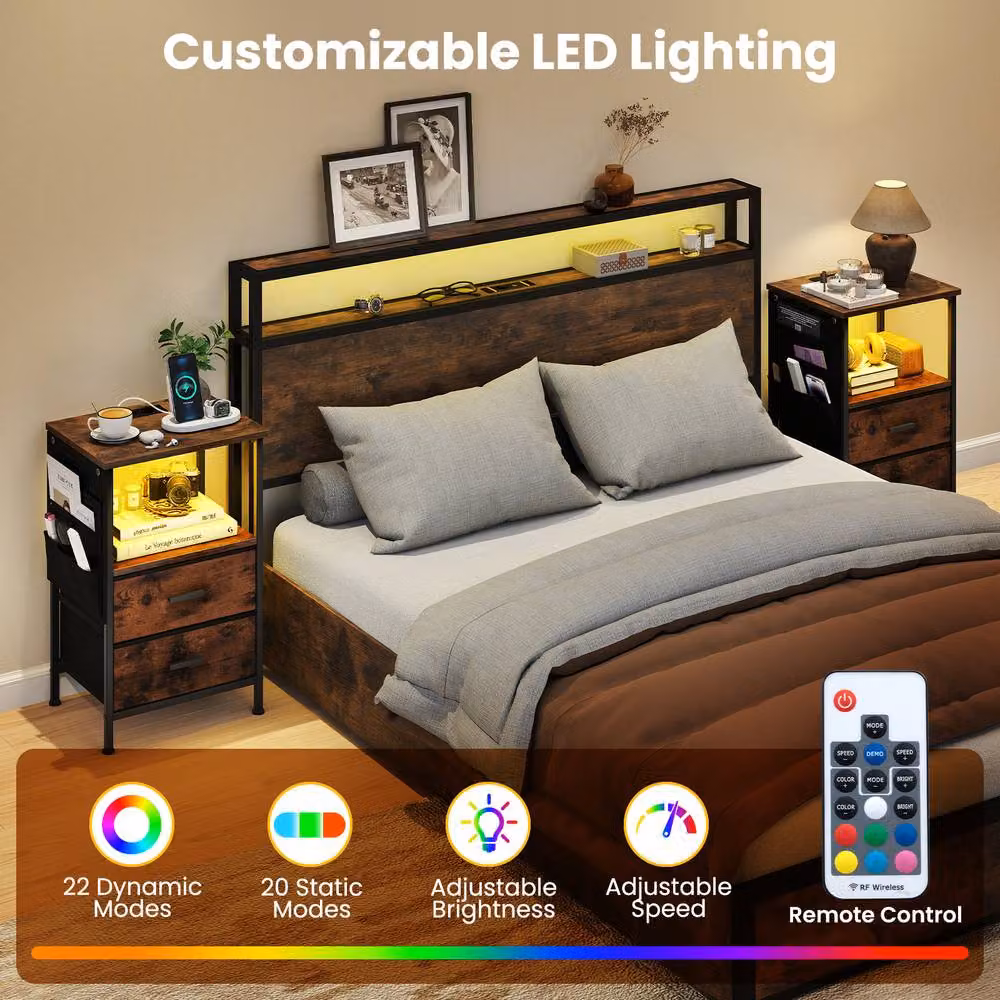 Gymax Brown Industrial Nightstand End Table with Charging Station, 2 Drawers and Integrated LED Lights – 4
