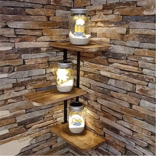 EONLION Lucca 3 Tier Modern Floating Corner Shelf in Brown, W/D/H: 50 x 50 x 50 cm