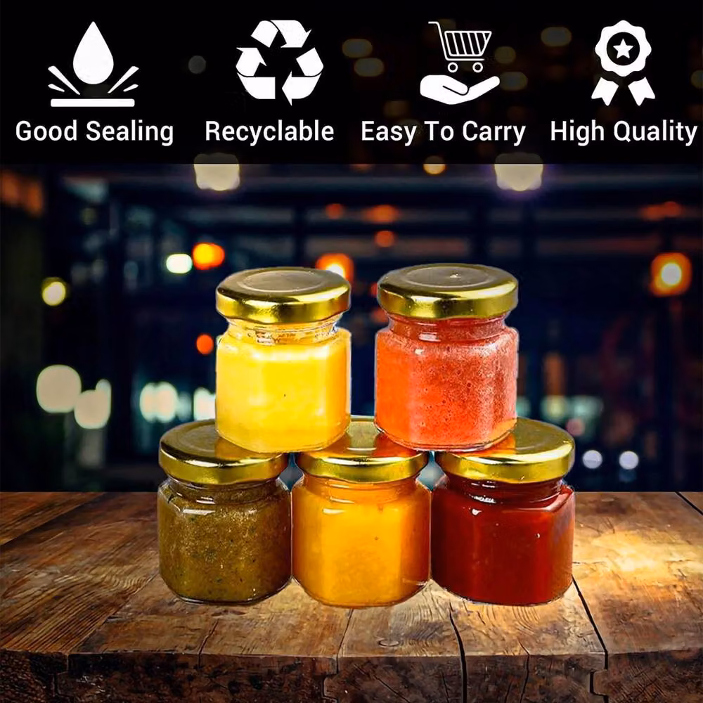 ATEK Set of 60 Hexagonal Small Glass Jars with Gold Metal Lids, 45 ml, Clear – 2