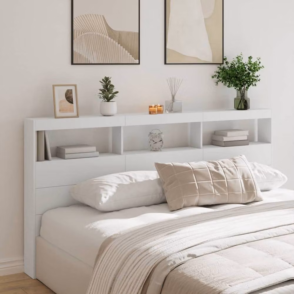 Berkfield Home Modern White Headboard Cabinet with Integrated LED Lighting and USB Charging Port, W/D/H: 200 x 17 x 102 cm – 2