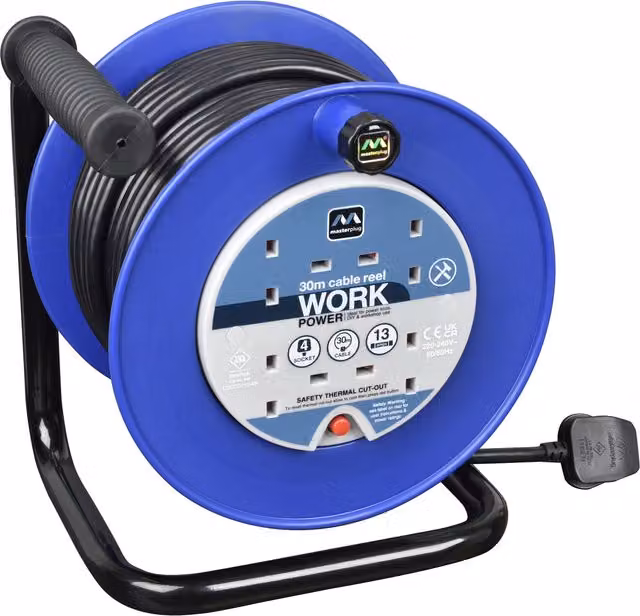 Masterplug 4 Socket 13A Open Cable Reel, Blue, 30m