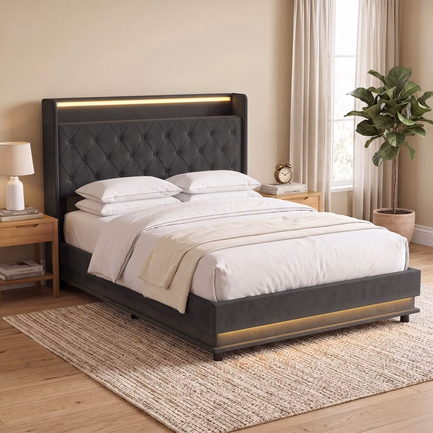 HOMCOM Black Double Bed Frame with Headboard, Hydraulic Storage, LED Lights and USB Charging Station, 140 x 200 cm – 7