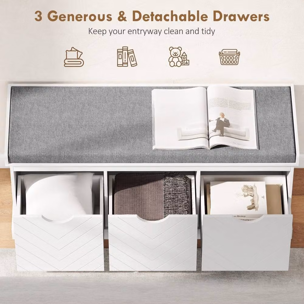 Wyld Haus Reco Nolu Wooden 3 Drawer Shoe Bench in White with Grey Padded Seat W/D/H: 105 x 35 x 47 cm – 3