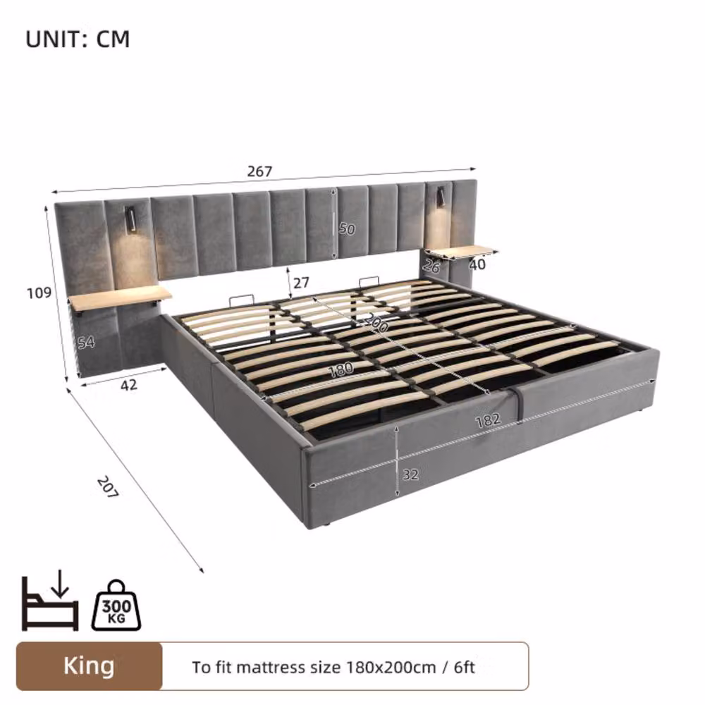 BTM Grey Velvet Upholstered Super King Bed with Lift Up Storage, USB Charging Port and Integrated Reading Light, W/D/H: 200 x 200 cm – 3