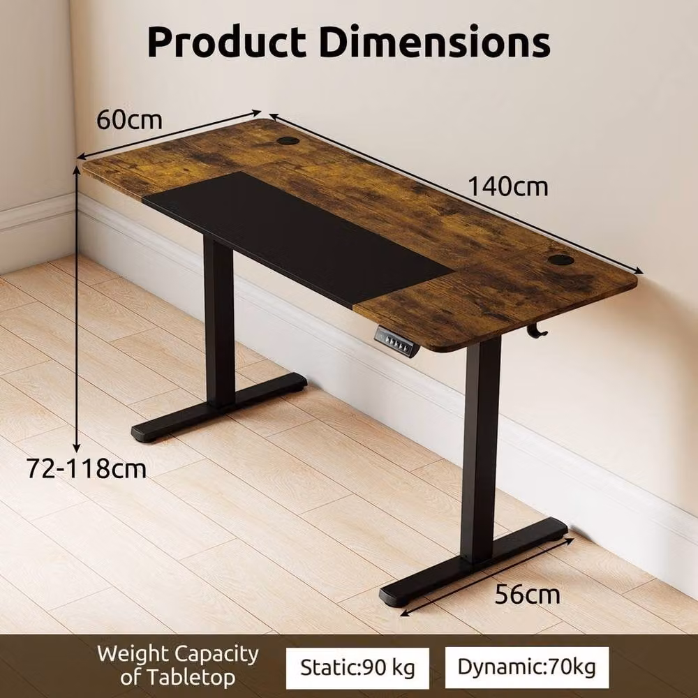 KORVIXA Brown Height Adjustable Electric Sit Stand Gaming and Office Desk W/D/H: 140 x 60 x 118 cm – 2