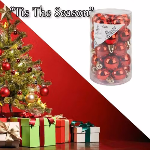 VFM e-Store Red Round Christmas Bauble Hanging Tree Ornaments, Pack of 25, Diameter: 3 cm – 6