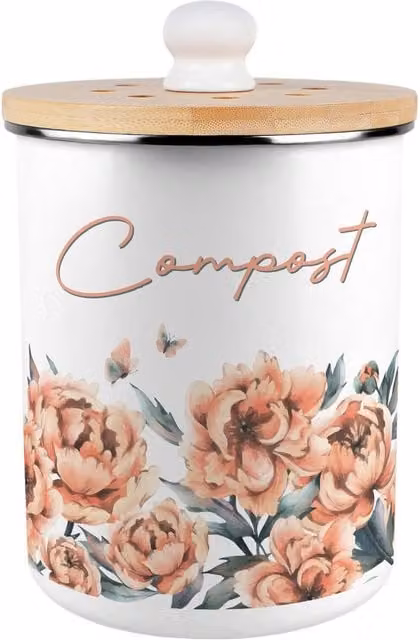 Purely Home Peach Peonies Metal Compost Caddy, 2L, Pink and White