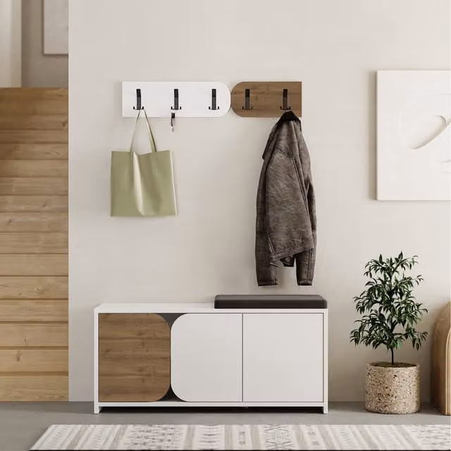 Decortie Moni Modern Shoe Cabinet Bench with Wall Mounted Hanger in Brown and White