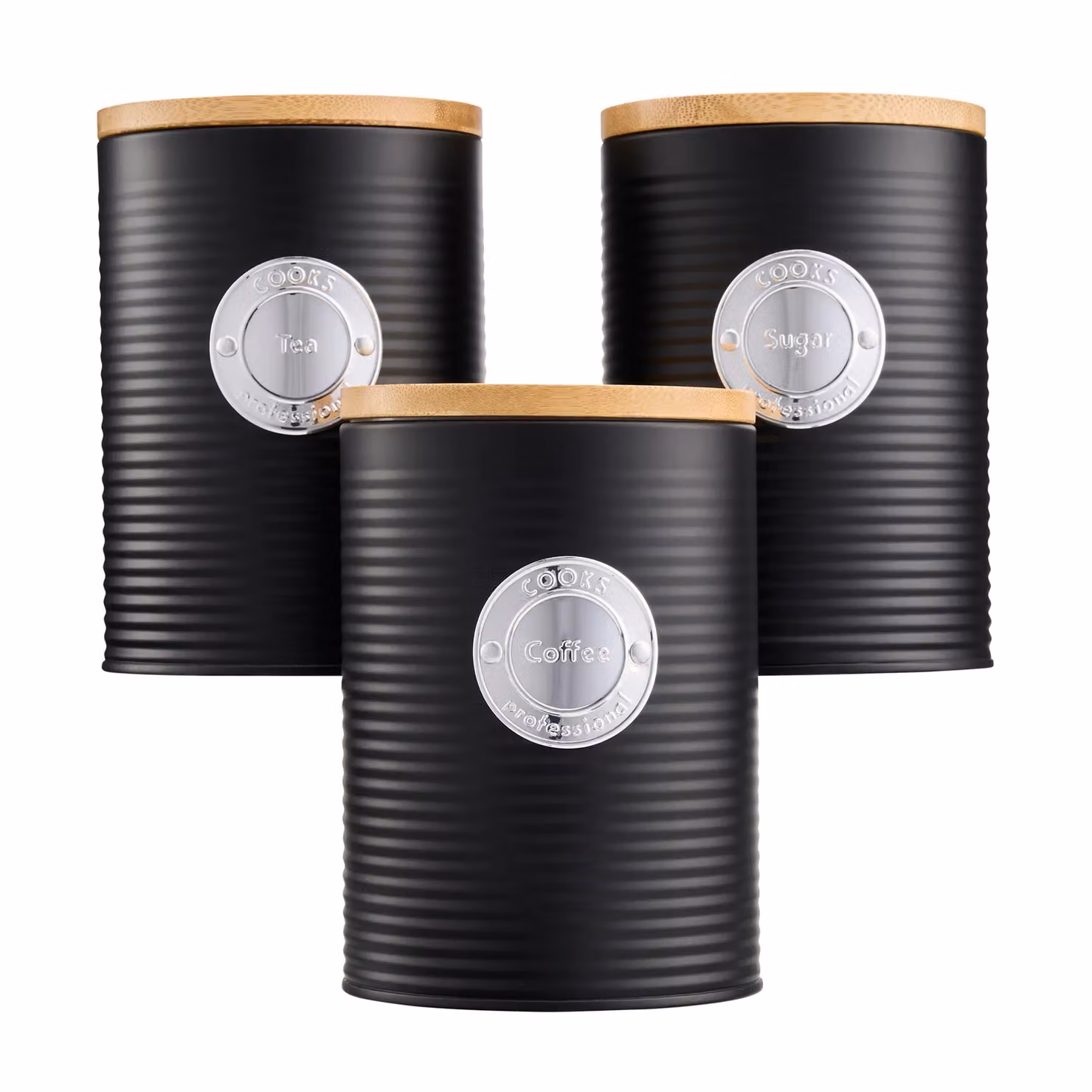 Cooks Professional 3 Piece Ribbed Tea, Coffee and Sugar Airtight Storage Canister Set with Bamboo Lids in Black and Silver – 2