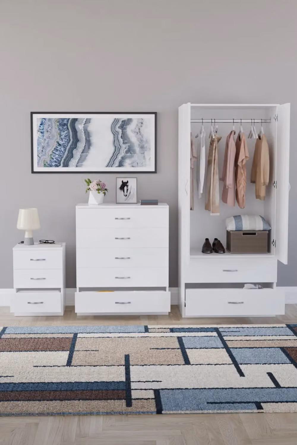 Vida Designs Riano 3 Piece White Bedroom Set with 3 Drawer Bedside Tables and 5 Drawer Chest
