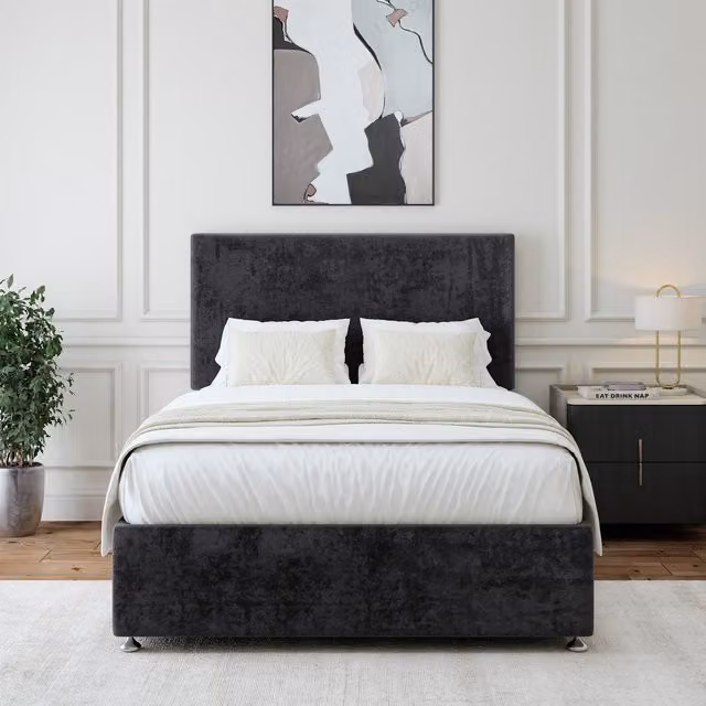 Bedmaster Luxury Velvet Divan Base with Storage Drawers and Plain Headboard in Black or Grey, W/D/H: 120 x 200 cm
