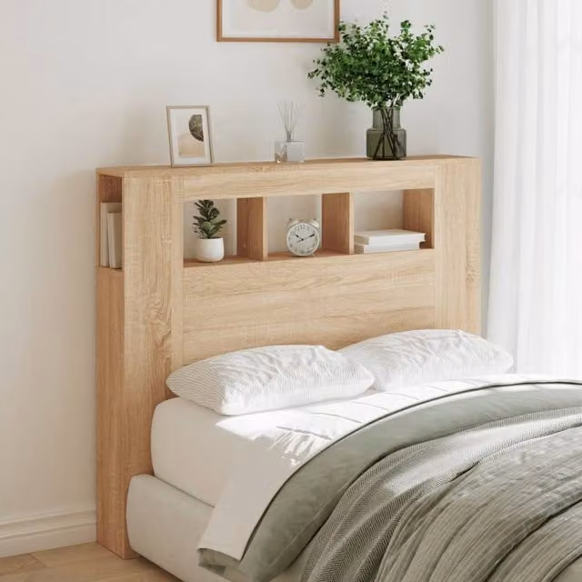 Berkfield Home Sonoma Oak LED Headboard with Integrated Shelf in Light Brown, W/D/H: 120 x 18.5 x 103.5 cm