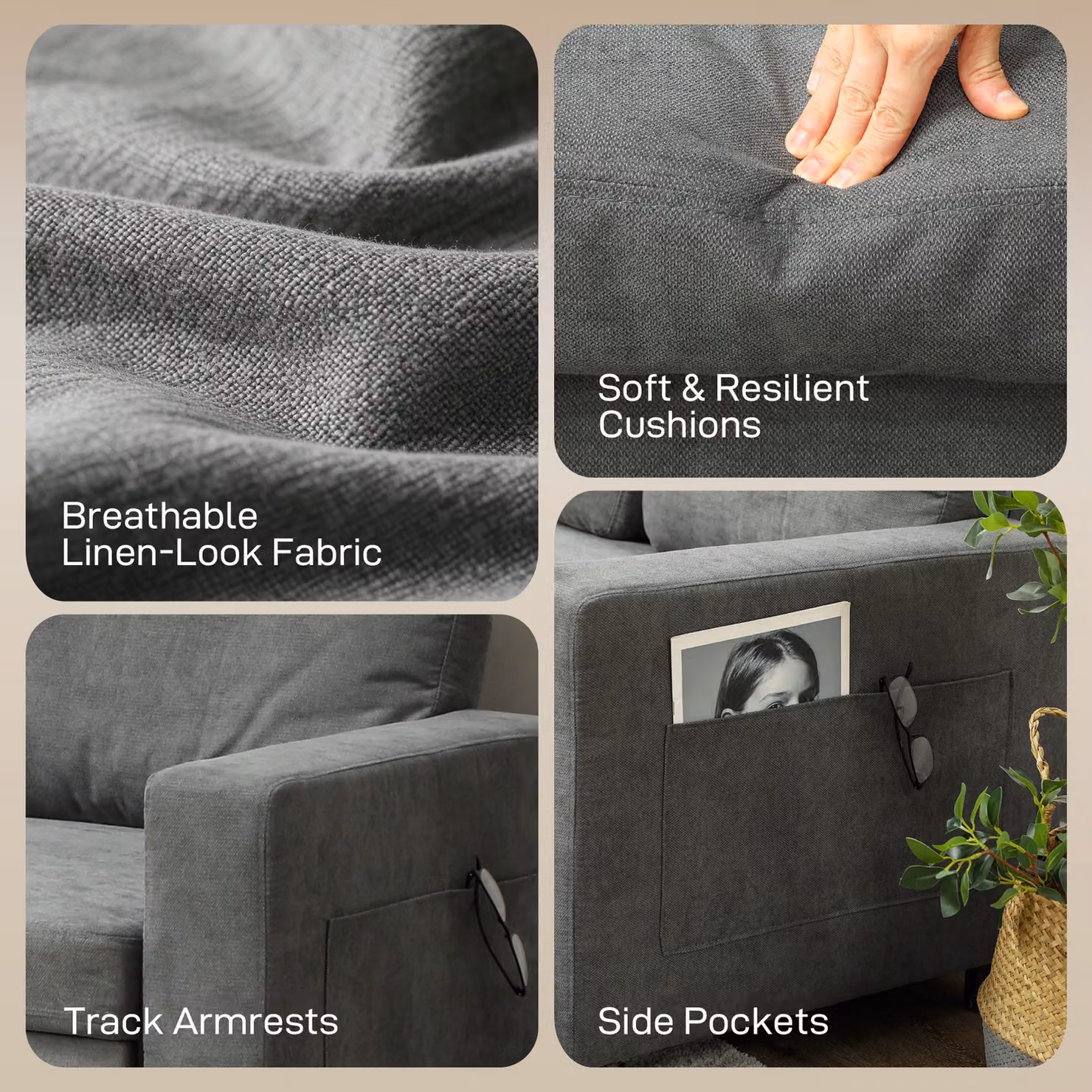 HOMCOM 3 Seater Pull Out Sofa Bed with Reversible Chaise, Storage and Side Pockets, Charcoal Grey Linen-look Upholstery – 7